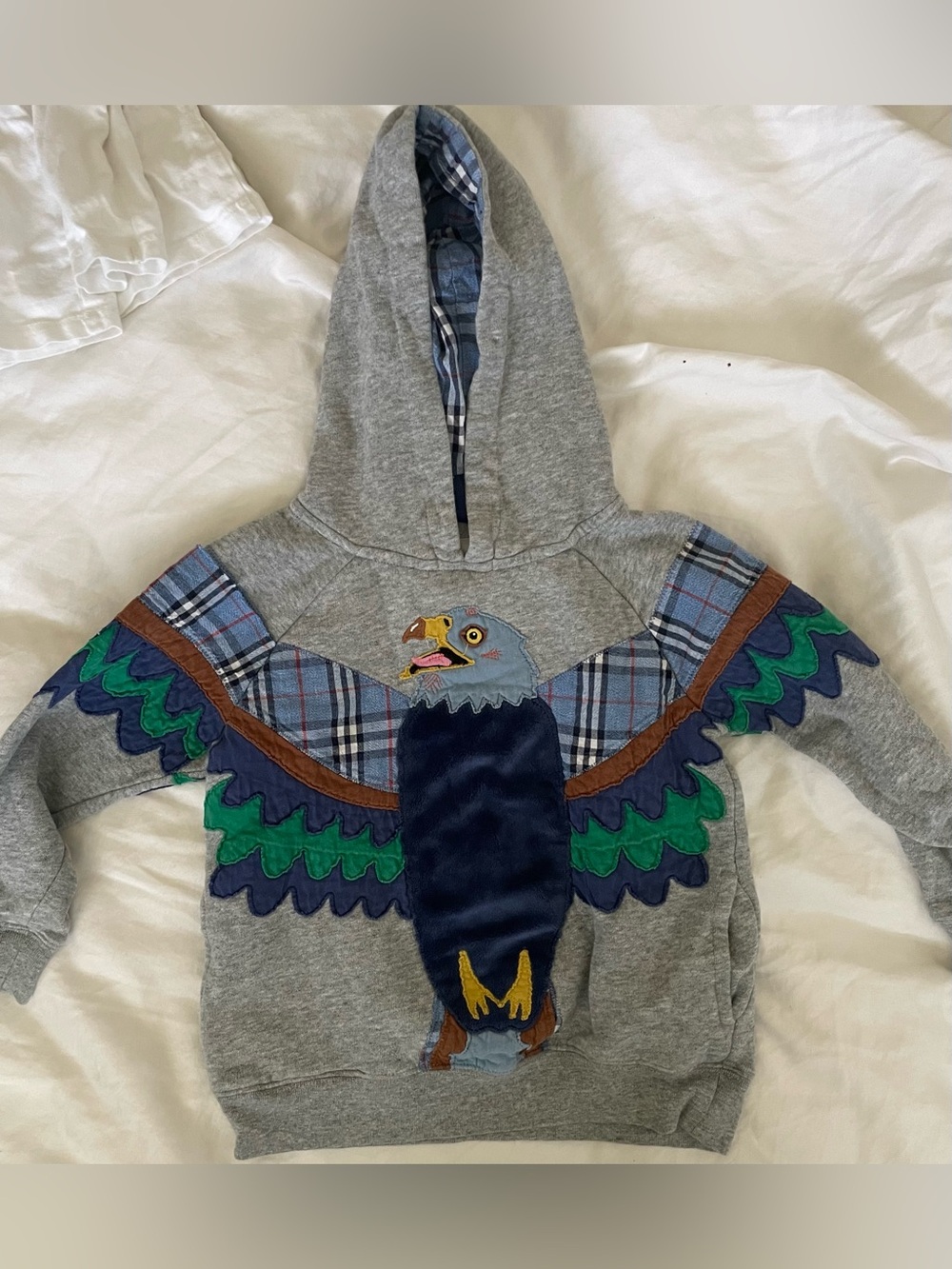 Mini Boden Grey Hooded Sweatshirt with Blue & Green Eagle Patch
